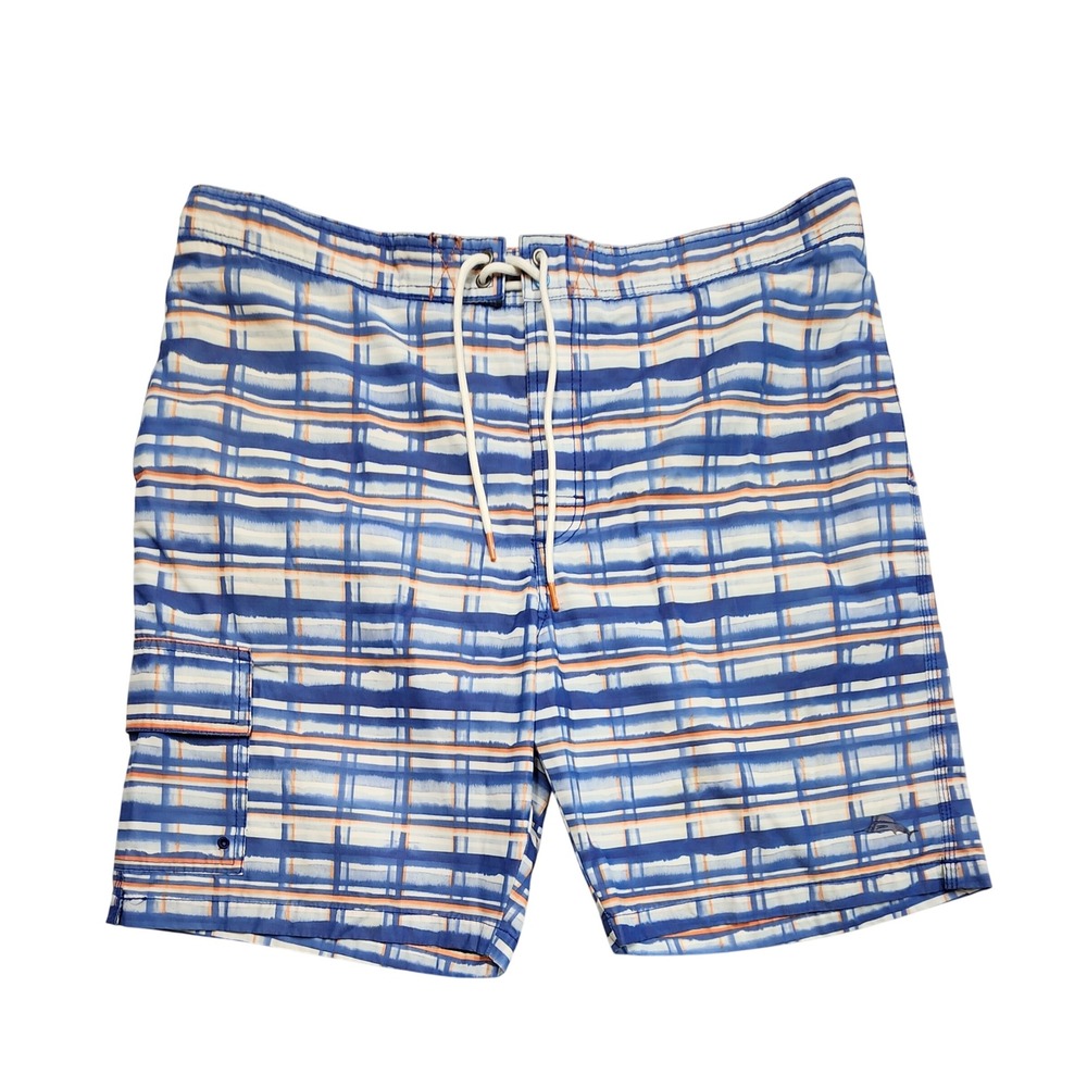 Tommy Bahama Plaid Board Shorts Swim Trunks Blue White Orange Mens XL